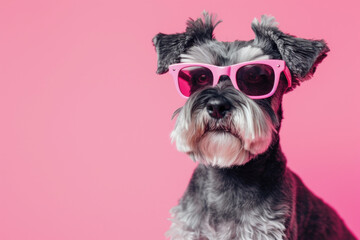 Cool pink sunglasses on the face of a schnauzer dog on solid color background