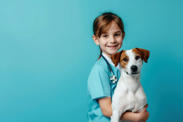 cute kid veterinary with a dog solid color background