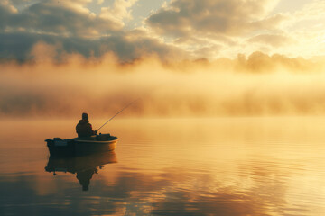 Fisherman fishing on a scenic lake at dawn silhouette with morning fog