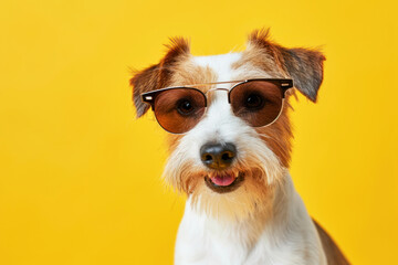 Jack Russell Terrier looking forward on yellow background