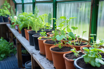 A row of potted plants in a greenhouse