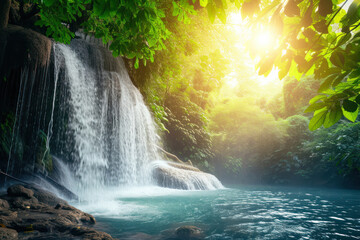 Beautiful waterfall in green jungle oasis - obrazy, fototapety, plakaty