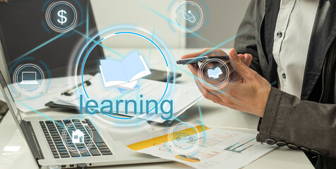 Online Education. Male Hand Holding Digital Tablet With Word E-Learning On Blue Background. Panorama, Cropped, Collage