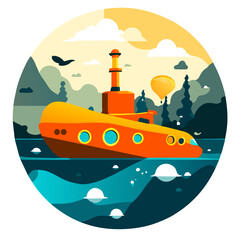 A submarine gliding through the depths of the ocean, surrounded by marine life.