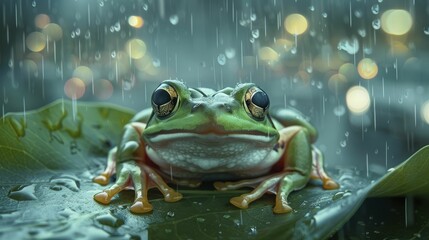 A frog in the rain, sheltering under a leaf, with a backdrop of a thriving eco-friendly city, representing environmental consciousness and protection.