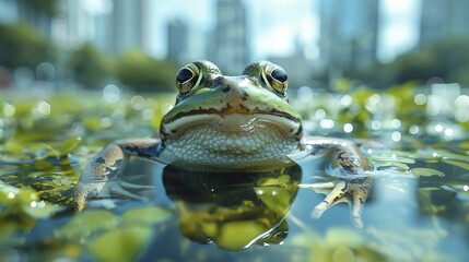A frog's image in pure water, with corporate buildings having green roofs, signifies eco-consciousness and innovation.