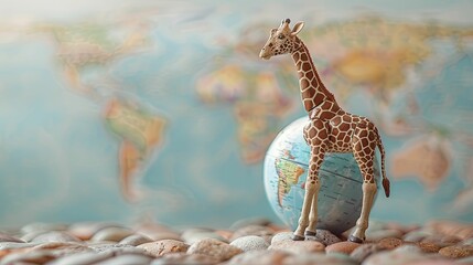 A giraffe's spots transforming into a world map on a globe, symbolizing global outreach and unique international business tactics.