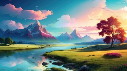 Fototapeta premium colorful landscape images with mountain and beautiful sky
