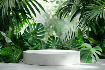 Contemporary White Podium Stage Rack with Green Stone and Tropical Leaves Background. Generative AI illustration 
