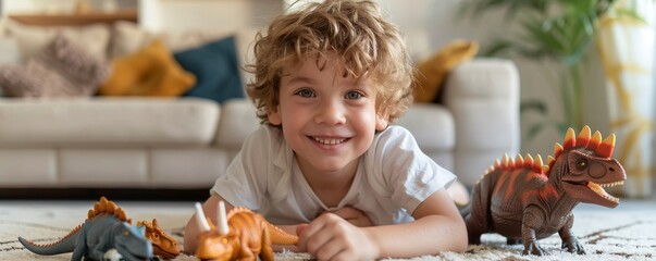 A happy young child with curly hair plays on the floor with an array of colorful toy dinosaurs,...