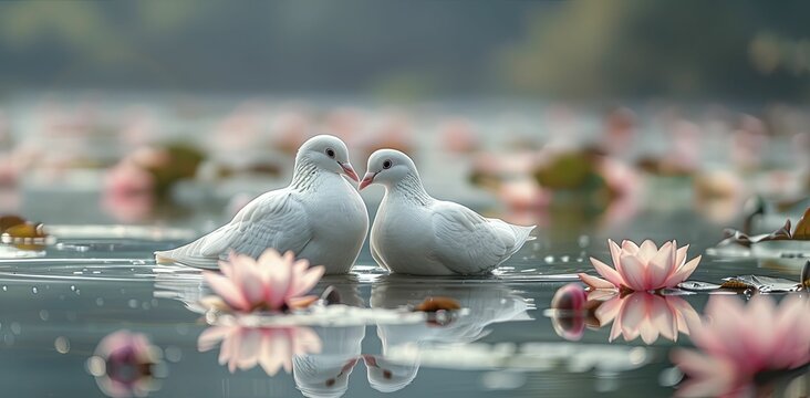 Doves create a heart over a serene lake, encircled by lotuses, symbolizing love, peace, and harmony in counseling services.