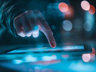 A hand interacts with a tablet, fingertips glowing with blue and red lights, symbolizing modern connectivity in a virtual realm.