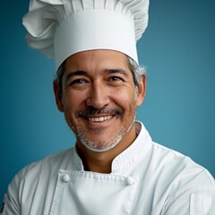 Professional chef with a joyful smile in a white uniform, portrait against a blue background