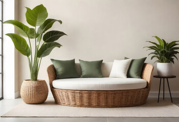 a round wicker sofa with white and green pillows and a gray throw blanket, a large green leafy plant in a wicker pot, on a round beige rug against a plain beige wall 
