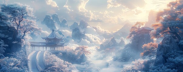 Chinese pavilions surrounded by clouds, Illustration, dreamy - obrazy, fototapety, plakaty