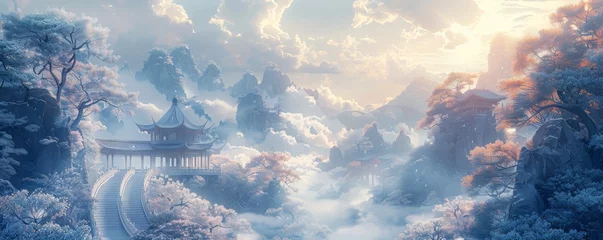 Foto op Canvas Chinese pavilions surrounded by clouds, Illustration, dreamy © Jusmin