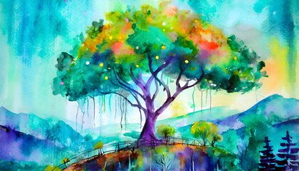 Abstract cyberpunk tree landscape with Fun and Entertaining Elements, acrylic watercolor on digital art concept, Generative AI.