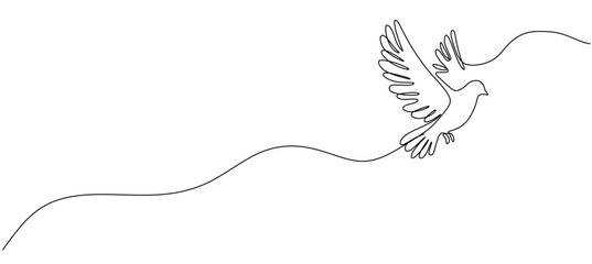 Fototapeta premium Bird flying with heart in continuous line art drawing. One outline of dove animal. Vector illustration isolated. Minimalist design handdrawn.