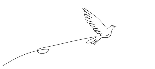 Bird flying with heart in continuous line art drawing. One outline of dove animal. Vector illustration isolated. Minimalist design handdrawn.