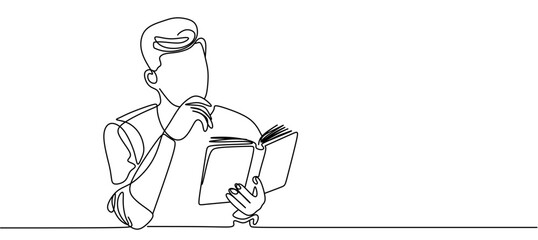 One line drawing of a man finding a solution while reading a book.