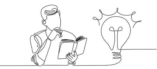 Thoughtful Man Finding Solutions in a Book, Continuous One Line Art