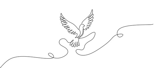 Fototapeta premium Bird flying with heart in continuous line art drawing. One outline of dove animal. Vector illustration isolated. Minimalist design handdrawn.