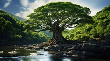 A large tree with green leaves is growing by a river. The water is calm and clear, and the tree is casting a shadow on the water. The scene is peaceful and serene