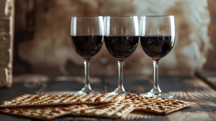 Matzah and four wine cups. Jewish holidays Passover concept 