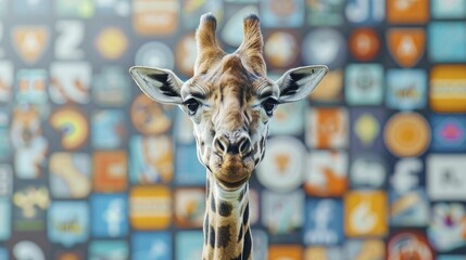 A giraffe peering over a wall of corporate logos symbolizes the ability to stand out and see beyond immediate competition in the marketplace. - obrazy, fototapety, plakaty