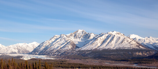 High angle view of Matanuska glacier at the base of the Chugach Mountain Range near Palmer Alaska United States