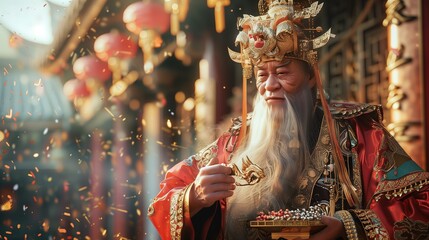 Stary mistrz w chiński strój trzyma w dłoni miskę w czasie obchodów smoka, bogatej wiosennej ceremonii. W tle kolumny świątyni. - obrazy, fototapety, plakaty