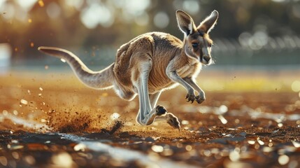 Kangaroo leaping forward against a backdrop of racing tracks, symbolizing speed, progress, and the competitive edge in sports and athletics. - obrazy, fototapety, plakaty