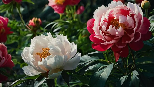 Bicolor peonies in bloom, vibrant colors against a dark background.
