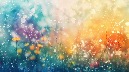 Malarstwo watercolor na którym przedstawione są kwiaty  w deszczu. Deszcz kropi delikatnie na piękne kwiaty, tworząc malowniczy obraz natury. - obrazy, fototapety, plakaty