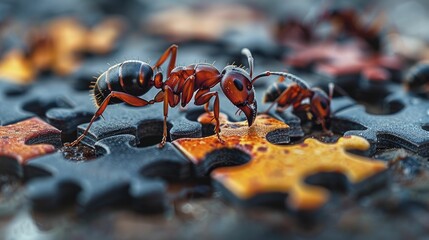 Ants working together to solve a puzzle showcasing a company logo, exemplifying the significance of teamwork and unity in brand development and marketing tactics.