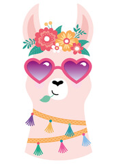 cooles Lama mit Sonnenbrille und Blumenkranz	