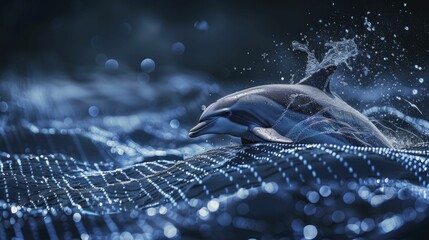 Dolphin's digital wave leaps epitomize the fusion of intelligence and agility driving tech innovation. - obrazy, fototapety, plakaty