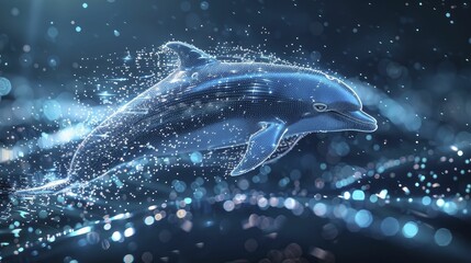 Dolphin showcases tech innovation with advanced intelligence and agility, leaping over digital waves.