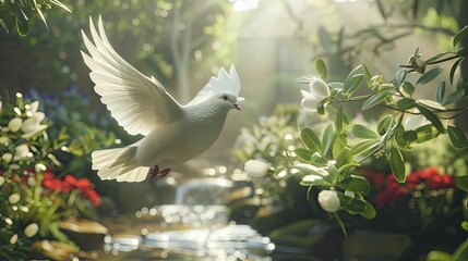 A dove gracefully carries an olive branch through a tranquil spa garden, embodying peace and rejuvenation in wellness. - obrazy, fototapety, plakaty