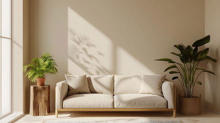 Beige sofa against beige wall in a minimalistic interior with a window and plant on a coffee table. Minimalist home design, 3D rendering illustration of a living room interior background mockup.  