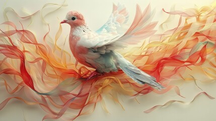 Dove gracefully holds a ribbon that intertwines through a series of yoga poses, illustrating the harmony between mind, body, and spirit. - obrazy, fototapety, plakaty