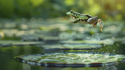 Frog leaping across a digital pond signifies adaptability, smooth transition in business innovation. - obrazy, fototapety, plakaty