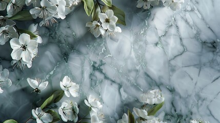 Wiosenne kwiaty i liście na marmurowym tle, uchwycone w wyjątkowej fotografii o eleganckim stylu.
