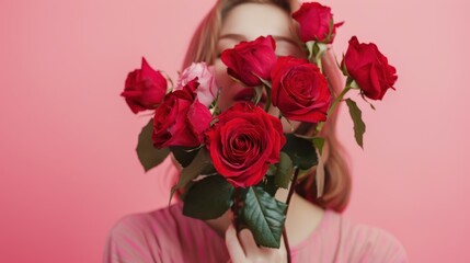 Fototapeta premium partial view of man with bouquet of red roses closing woman eyes to make surprise in bedroom. 