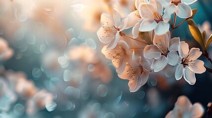Wiosenne tło bokeh. Na gałęzi widoczny jest pęk białych kwiatów w rozkwicie. Kwiaty są bujne i niewinne. - obrazy, fototapety, plakaty