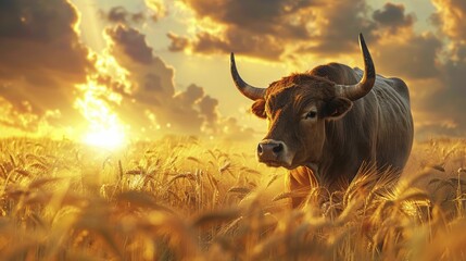 An ox diligently plows a field of golden wheat under a rising sun, representing industry and progress in agriculture. - obrazy, fototapety, plakaty