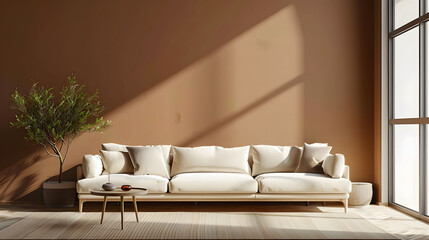 Fototapeta na wymiar Beige sofa against beige wall in a minimalistic interior with a window and plant on a coffee table. Minimalist home design, 3D rendering illustration of a living room interior background mockup. 