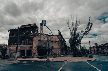 destroyed and burned houses in the city during the war in Ukraine