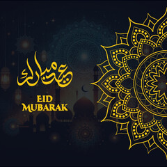 Eid mubarak islamic festival greeting background with arabic calligraphy, typography and mandala decor