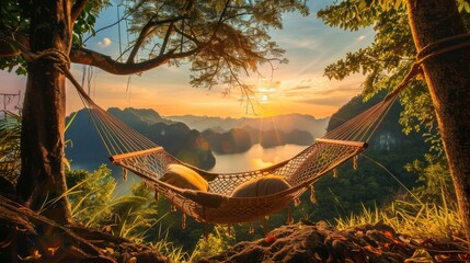 photography of a hammock between two trees with a amazing mountain view with sunset